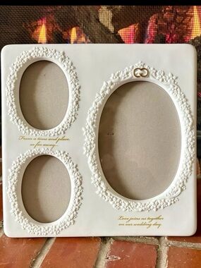 White Ceramic Ornate Floral Wedding Photo Frame, 3 Oval Openings, 10 x 10 inches